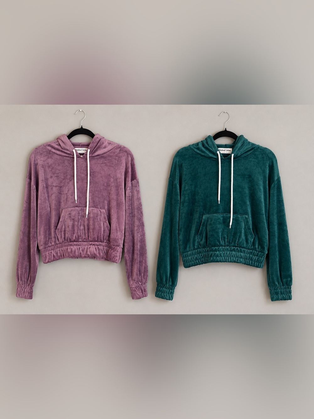 Weekend Edition Velour Cropped Hoodie Set Mauve & Teal Size Small 2PC